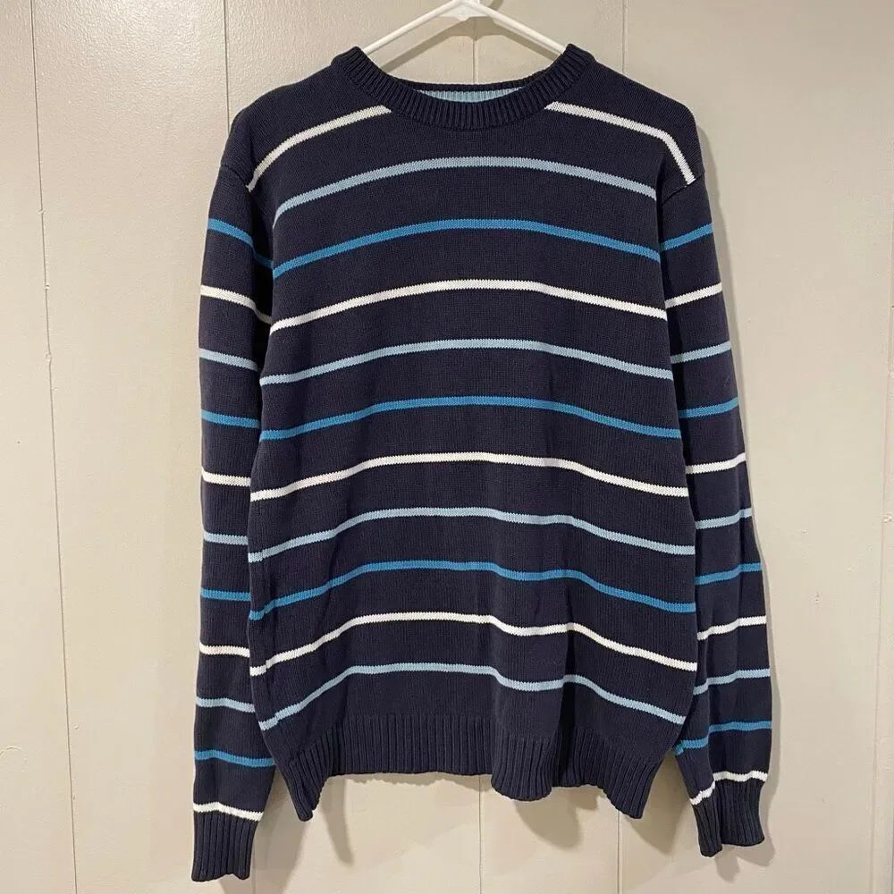 American Rag Men’s Striped Sweater Navy Blue Cotton Blend Size Large Crewneck